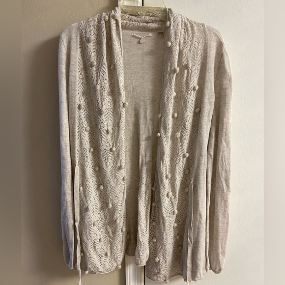 Knitted & knotted Anthropologie sweater cardigan open front cream PomPom  Medium - Picture 8 of 11